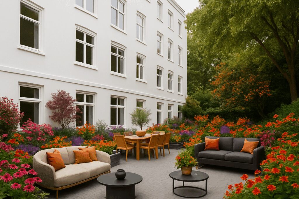 Modern garden terrace at Nieuwe Looiersstraat with colorful flowers, outdoor seating, and dining area beside a white apartment building.